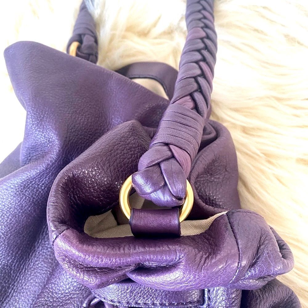 Elliott Lucca Purple Reign Slouchy Leather Round Bottom Bucket Bag Woven Details - Picture 3 of 10